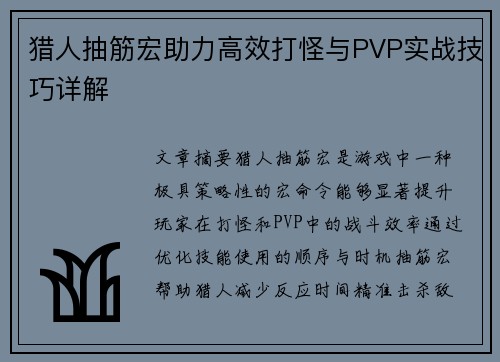 猎人抽筋宏助力高效打怪与PVP实战技巧详解